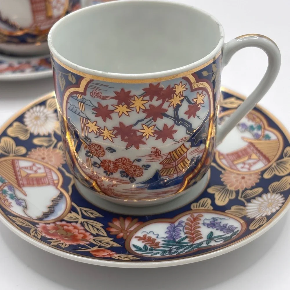 Set of 6 Tea Cup and Saucer Lithopane Japan Bone China Gold Trim Vintage